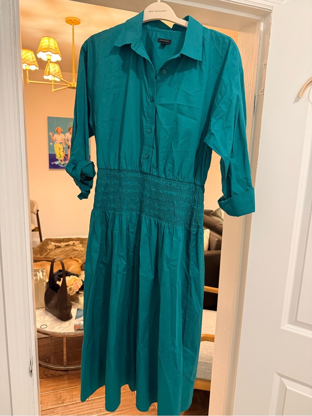 Ann Taylor Teal Button-Front Shirtdress